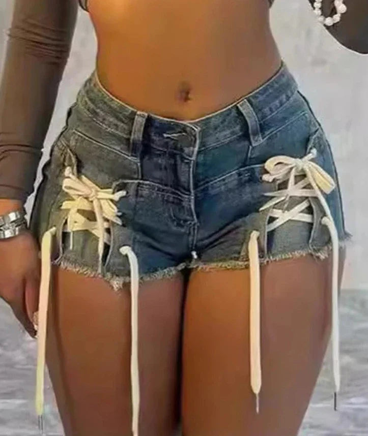 maoxiangshop Fashion Lace-Up Bandage Blue Stretch Denim Shorts for Women Summer Casual Skinny  Short Jeans Sexy Beach Night Club Outfits