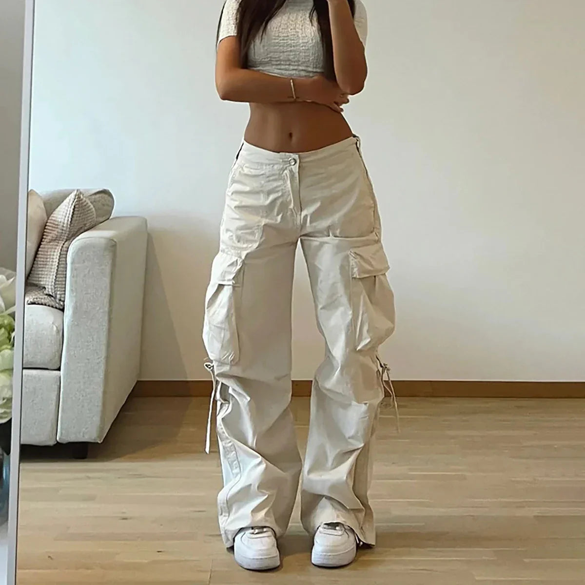 Y2K Women Vintage Cargo Pants Fashion Streetwear Low Waist Wide Leg Straight Trousers Big Pockets Baggy Casual Solid Sweatpants