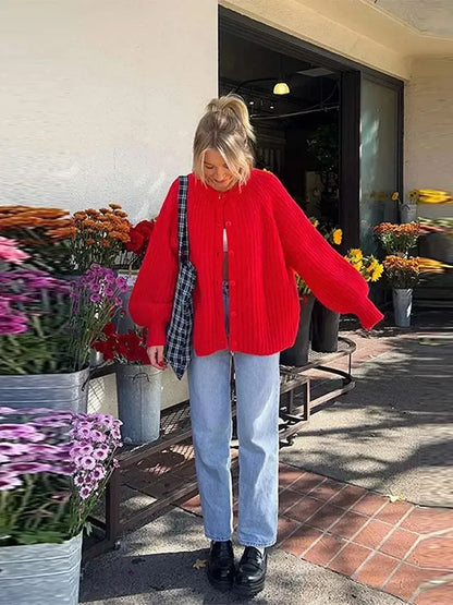 maoxiangshop  -  O-neck Single Breasted Cardigan Knitted Coat Women 2024 Autumn Winter Casual Solid Color Long Sleeve Red Warm Sweater Coats