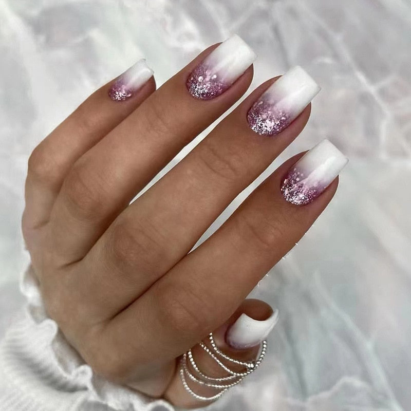 24pcs Summer False nails with designs Charms Flame Long Ballerina Fake Nails Wearable Coffin french Nails Tips Press On Nails