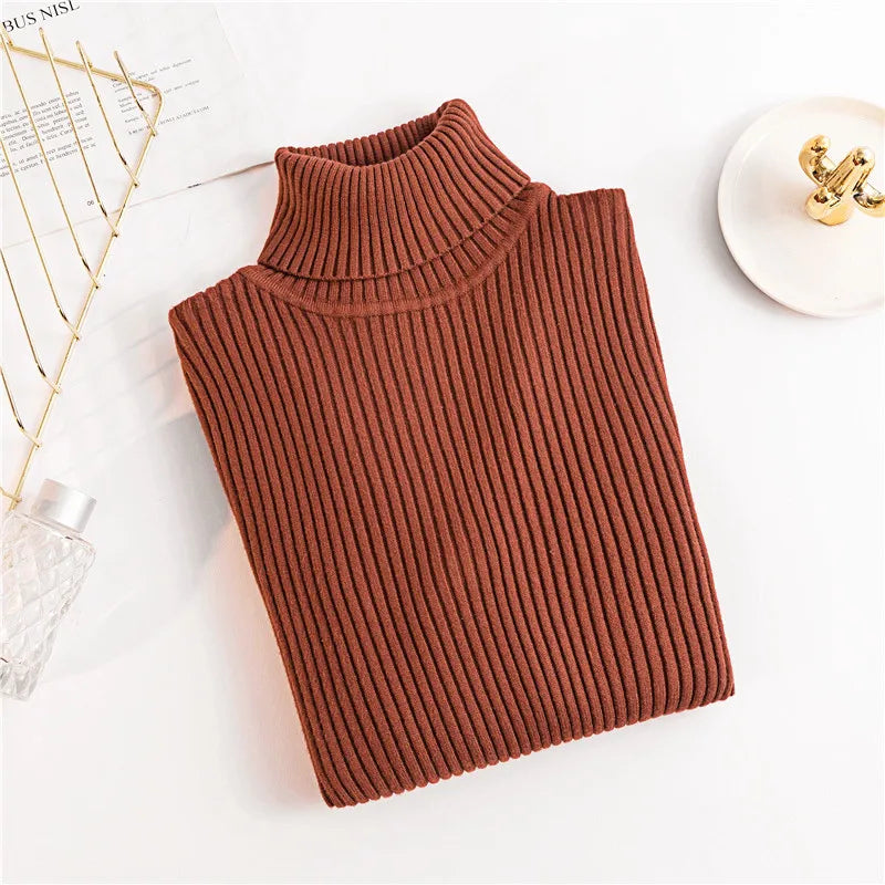 maoxiangshop 2024 Autumn Winter Women Long Sleeve Knitted Foldover Turtleneck Ribbed Pull Sweater Soft Warm Femme Jumper Pullover Clothes