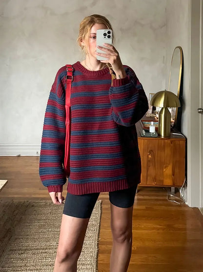 maoxiangshop -  Round Neck Contrasting Striped Sweater Women Loose Long Sleeved Warm Pullover Autumn Fashion Female Casual Jumper