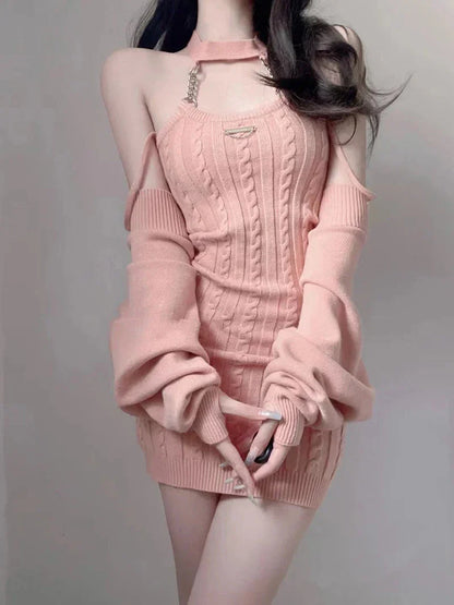 maoxiangshop knitted Two Piece Sets Fashion Hot Girl Outfits For Women Suit Crop Top pink cardigan Female Mini Wrap knitted dresses Woman