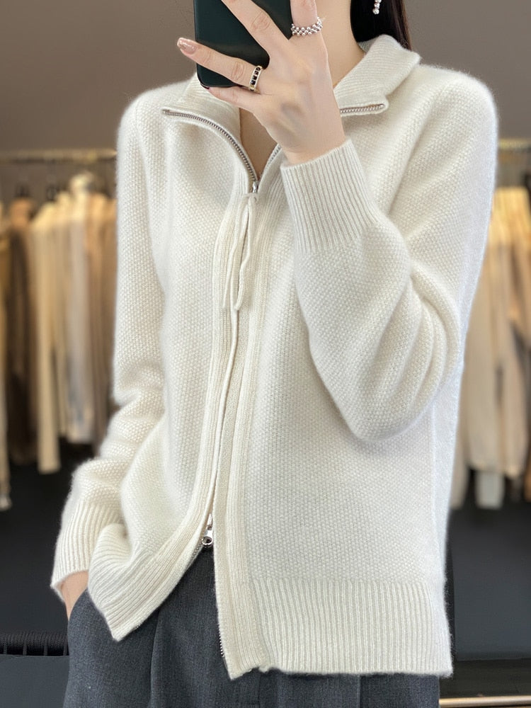 Women's 100% Merino Wool Knitting Sweater Clothing Autumn/Winter Casual Loose Top Fashion Korean Cashmere Large Zipper Jacket