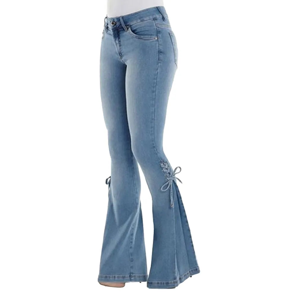 maoxiangshop Mid Waisted Stretch Flare Jeans Women Denim Pants Wide Leg Butt-lifted Casual Korean Style Skinny Bell Bottom Pocket Trousers