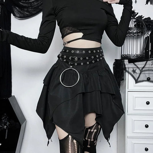 maoxiangshop Steampunk Gothic Punk Women's Asymmetrical High Low Irregular Hem Elastic Waist Zipper Mini Skirt with Concave Waist Chain