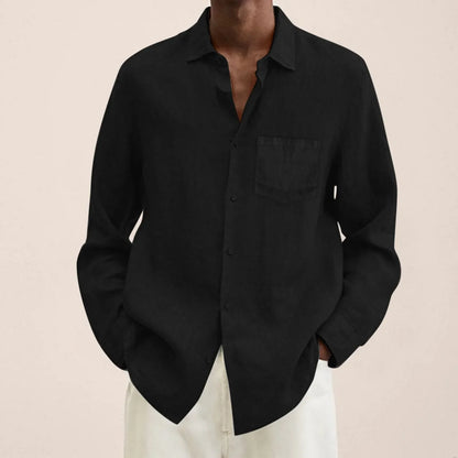 maoxiangshop Male Summer Cotton Linen Solid Casual Plus Size Loose Shirt Mens Turn Down Long Sleeve Shirt
