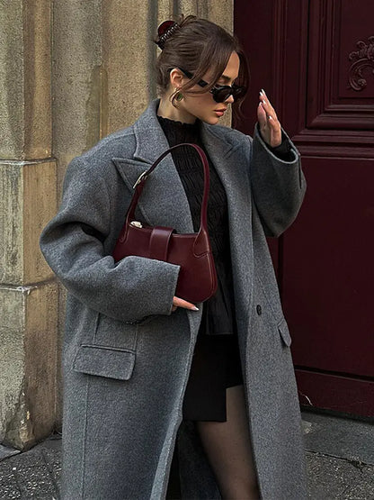 maoxiangshop -  Elegant Lapel Grey Wool Blends Overcoat Women Fashion Loose Long Sleeves Fake Pocket Warm Coat Winter Lady Button Outwear