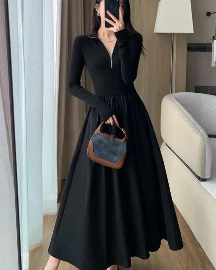 Elegant Vintage Long Sleeve Knitted Midi Dresses Women Korean Casual Slim Fit A-Line Black Birthday Party Robe Autumn Clothing