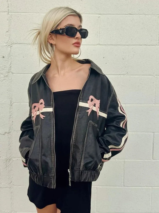 maoxiangshop  -  Chic Pink Bow Pu Leather Y2k Jacket Women Autumn Vintage Warm Long Sleeve Coat Zipper Coat Lady High Street Midnight Outerwear