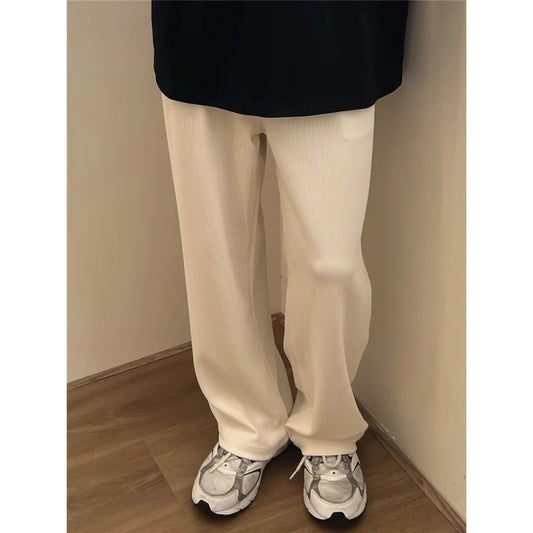 maoxiangshop Black Beige Casual Pants Men Fashion Knitted Pants Men Streetwear Korean Loose Wide Leg Pants Mens Knitting Trousers