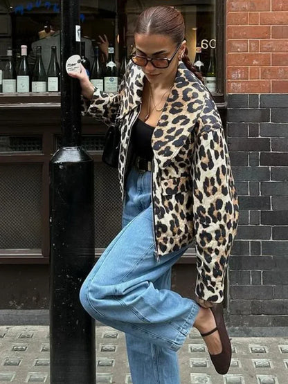 maoxiangshop  -  Women Casual Leopard Print Bomber Jacket Elegant Lapel Long Sleeves Zipper Pockets Loose Coat 2024 Autumn Lady High Streetwewar