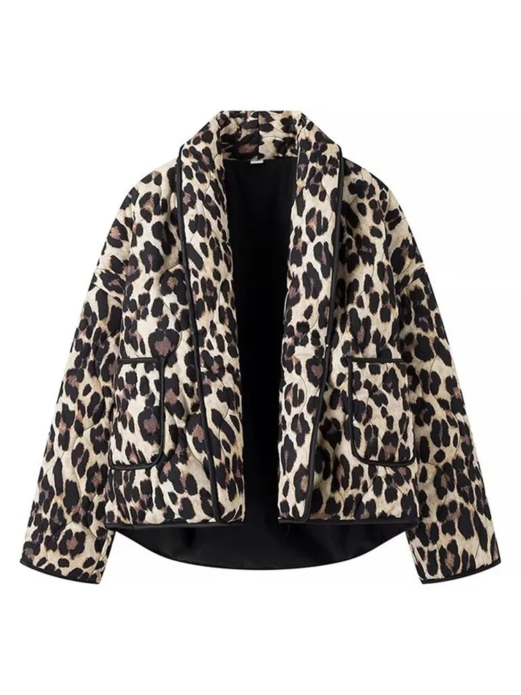 maoxiangshop  -  Women Casual Leopard Printed Cotton Jacket Fashion Lapel Long Sleeved With Pockets Cardigan 2024 Autumn Winter Lady Chic Coats
