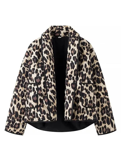 maoxiangshop  -  Women Casual Leopard Printed Cotton Jacket Fashion Lapel Long Sleeved With Pockets Cardigan 2024 Autumn Winter Lady Chic Coats