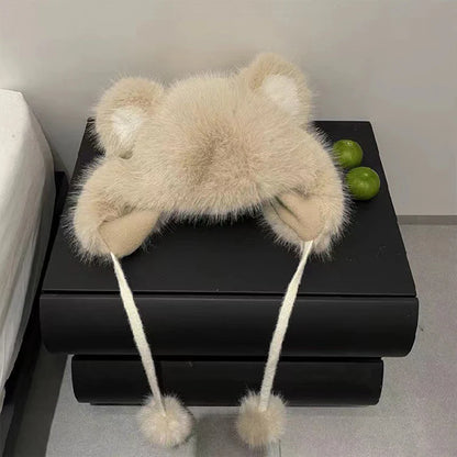 maoxiangshop  -  Winter Bear Ears Hat with Strap Pompom Women Fluffy Fur Fleeze Ear Protection Beanies Outdoor Windproof Cold Warm Plush Bonnet