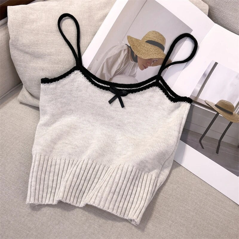 maoxiangshop Women Sexy Knitted Patchwork Crop Tops Spaghetti Strap Tank Top Off Shoulder Sleeveless Solid Camis For Women Summer