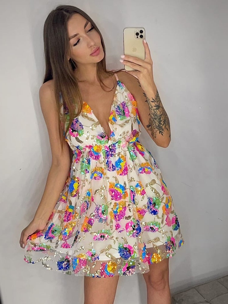 Sleeveless Floral Sequined Pink Sexy Party Dress Deep V Neck Backless Short Night Club Out Summer