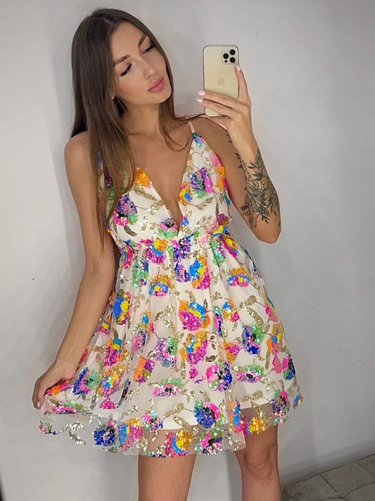 Sleeveless Floral Sequined Pink Sexy Party Dress Deep V Neck Backless Short Night Club Out Summer