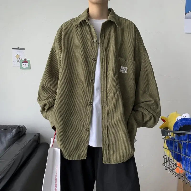maoxiangshop Men's Corduroy Long Sleeve Shirts Autumn Korean Shirt Unisex Fashion Casual Oversize Shirt Printed Clothing