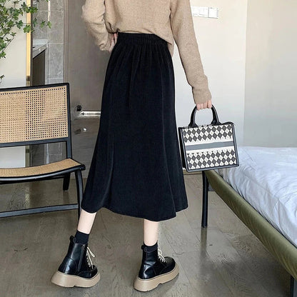 maoxiangshop Corduroy Long Mermaid Skirt Woman Autumn Winter Ruffles High Waist Midi Skirts Women Korean Back Elastic Black Skirts