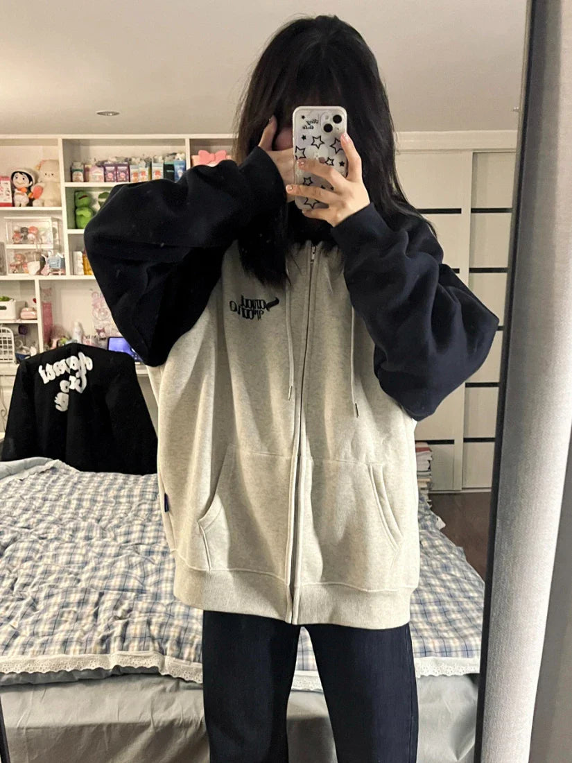 Deeptown Harajuku Zip Up Hoodies Women Korean Fashion Streetwear Hooded Sweatshirts Female Kpop Vintage Tops Spring and Autumn