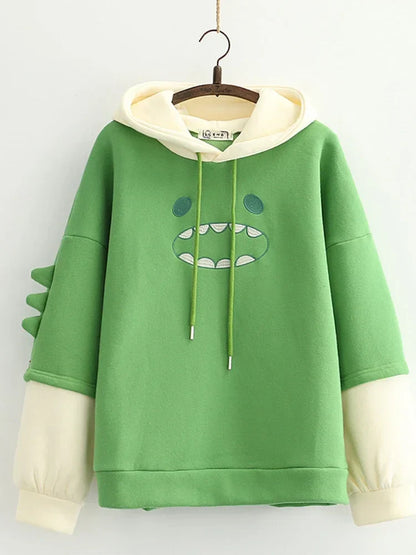 maoxiangshop Harajuku Kawaii Hoodies Cartoon Dinosaur Print Casual Women Winter Warm Fleece Hooded Cotton Sweatshirt Teen Girls Cute Top