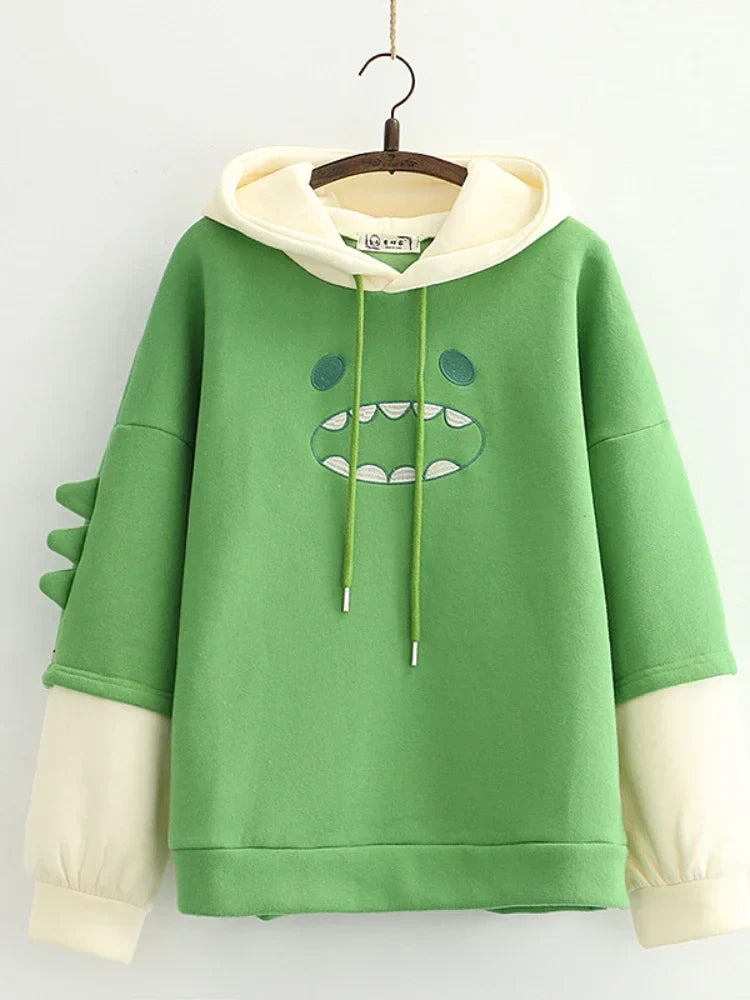 maoxiangshop Harajuku Kawaii Hoodies Cartoon Dinosaur Print Casual Women Winter Warm Fleece Hooded Cotton Sweatshirt Teen Girls Cute Top
