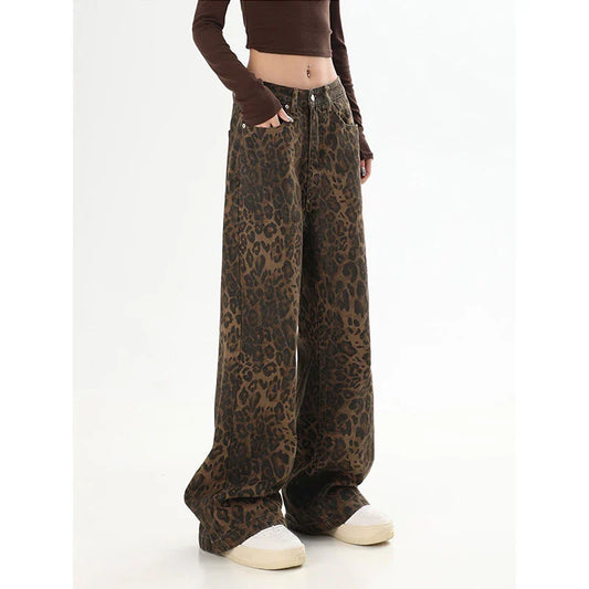 Women's Brown Jeans Leopard Print Retro Straight Tube Baggy Pants Fashion Street Fashion Y2K Jeans New Winter Leggings