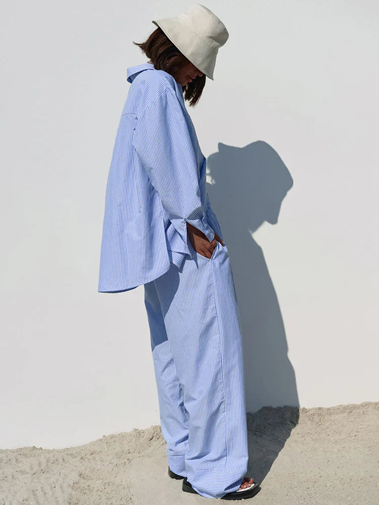 maoxiangshop  -  Women Autumn Winter Striped Pant Set Blue Long Sleeve Outfits Office igh Waist 2 Two Piece Matching Set Women