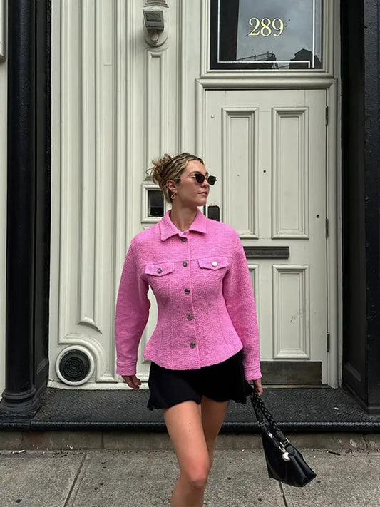 maoxiangshop  -  Fashion Women Single-breasted Tweed Slim Jacket Elegant Lapel Long Sleeved Demi-season Cropped Jacket Autumn Bomber Outerwears