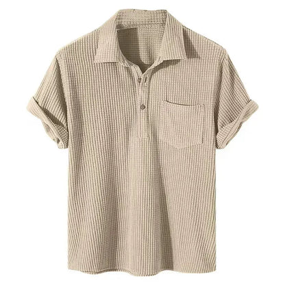 maoxiangshop Summer Mens Casual Plaid Polo Shirts Top Turn-Down Collar Button Blouse Short Sleeve Solid Pocket Blouse Shirt Men Clothing