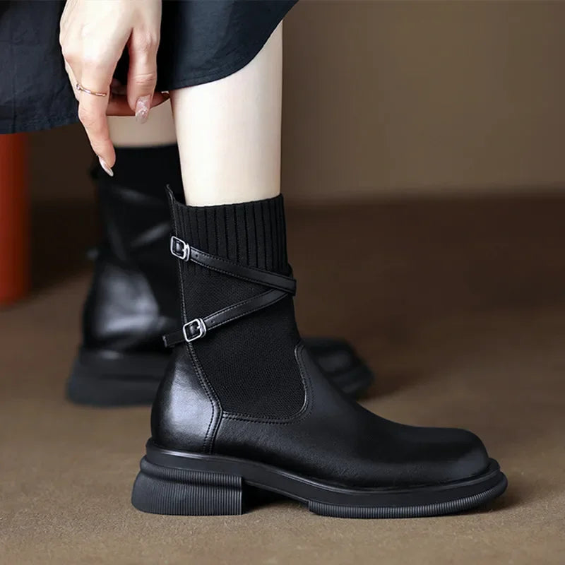 maoxiangshop  -  Knitted Elastic Socks Boots Women 2024 Winter Warm Chunky Heel Platform Ankle Boots Leather Pu Belt Buckle Design Botas Mujer