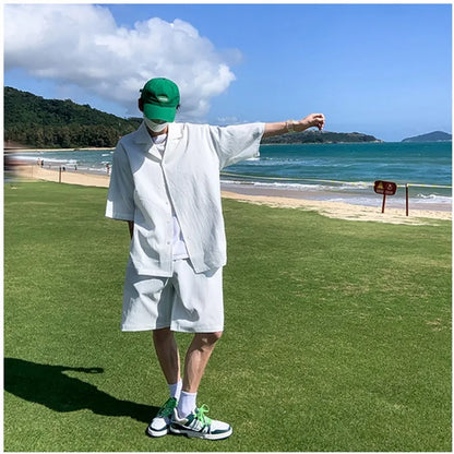 maoxiangshop Summer Two-Piece Men's Sets Shirt and Shorts Casual Outfits Oversized Short Suit Plain Clothes Clean Fit