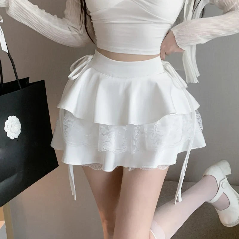 maoxiangshop Gothic Sexy Ruffle Tiered Skirts Women Cute Lolita Style Lace Cake Skirt Girl Kawaii Clothes High Waist Solid A-Line Mini Skirt