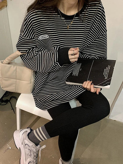 Korean Stripe Women's T-shirt Cotton Longs Leeve T Shirts for Women 2023 Spring Cheaper Basic Oversized Shirt Tops Sweatshirts