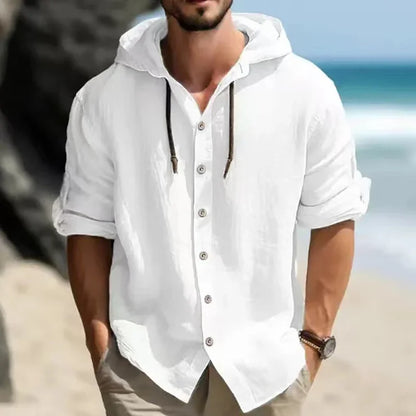 maoxiangshop Summer Men's Linen Shirt Solid Streetwear Long Sleeve Hoodie Cardigan Clothing For Men Button Tops Casual Loose Men Hooded Shirt