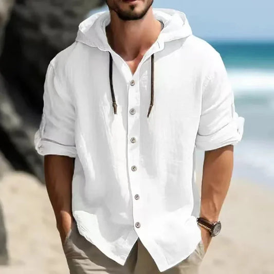 maoxiangshop Summer Men's Linen Shirt Solid Streetwear Long Sleeve Hoodie Cardigan Clothing For Men Button Tops Casual Loose Men Hooded Shirt