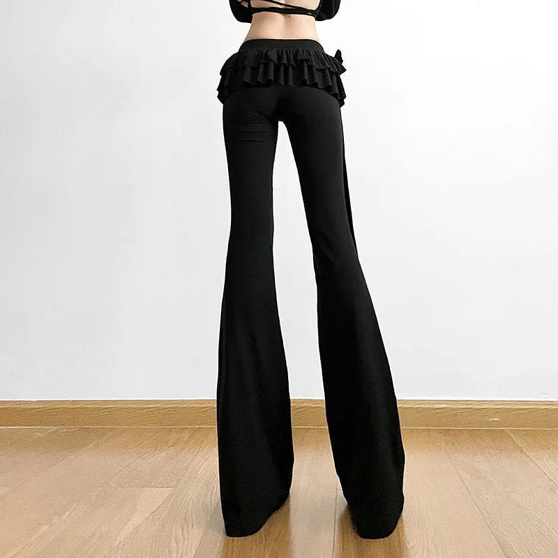 maoxiangshop -  2024 Spring Solid Casual High Waist Women Pants Black High Stretch Lace Up Trousers Female Winter New Ruffle Outside Streetwear