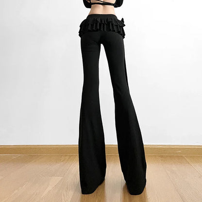 maoxiangshop -  2024 Spring Solid Casual High Waist Women Pants Black High Stretch Lace Up Trousers Female Winter New Ruffle Outside Streetwear