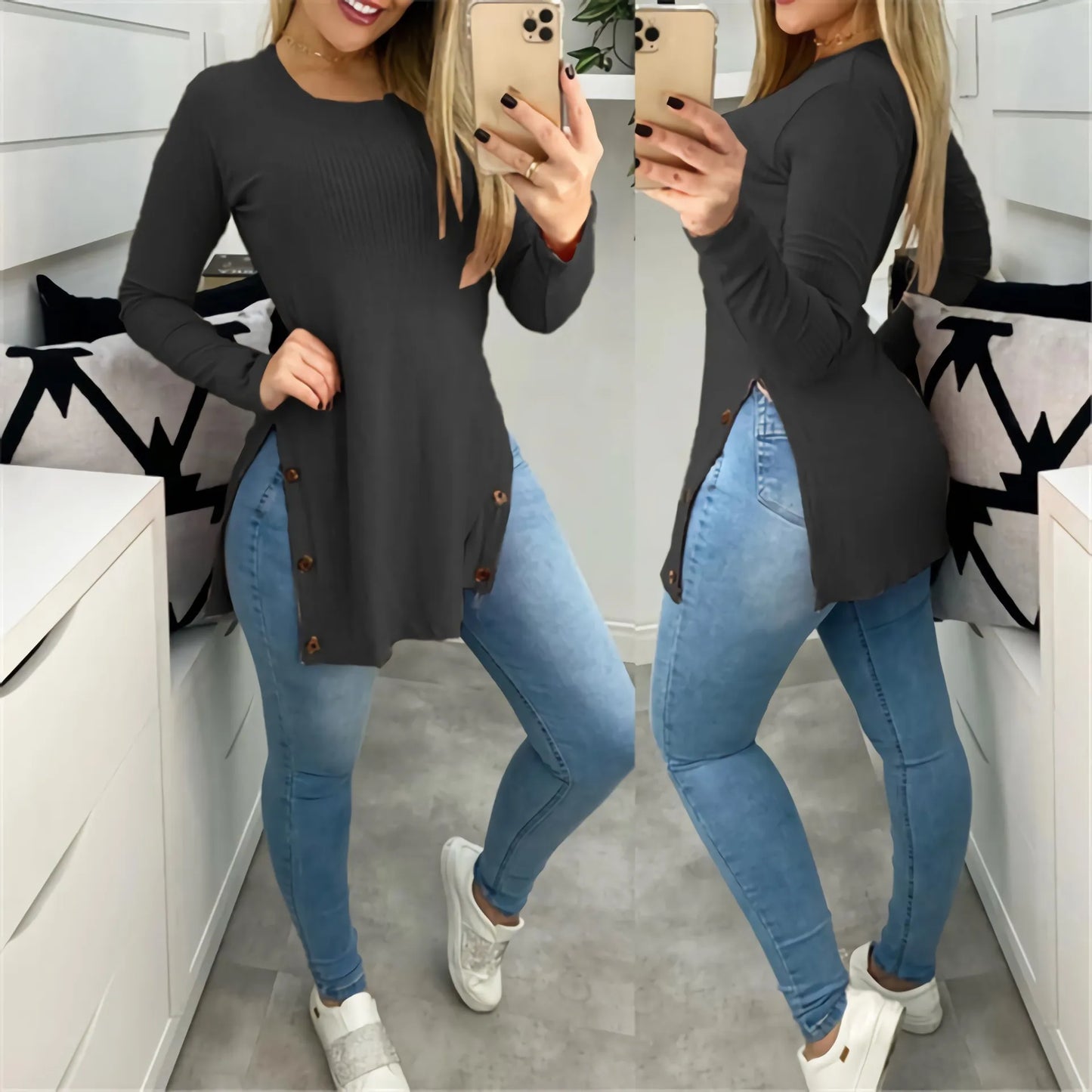 maoxiangshop Pit strip solid color round neck slit button long sleeve T-shirt large size women's blouse