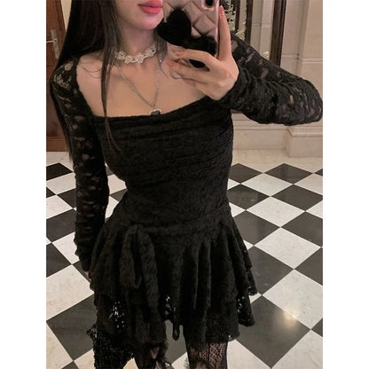 Y2K Lace Mini Dress Women Vintage Ruffles Black Tunic One Pieces Dresses Party Prom Square Collar Long Sleeve Vestidos New