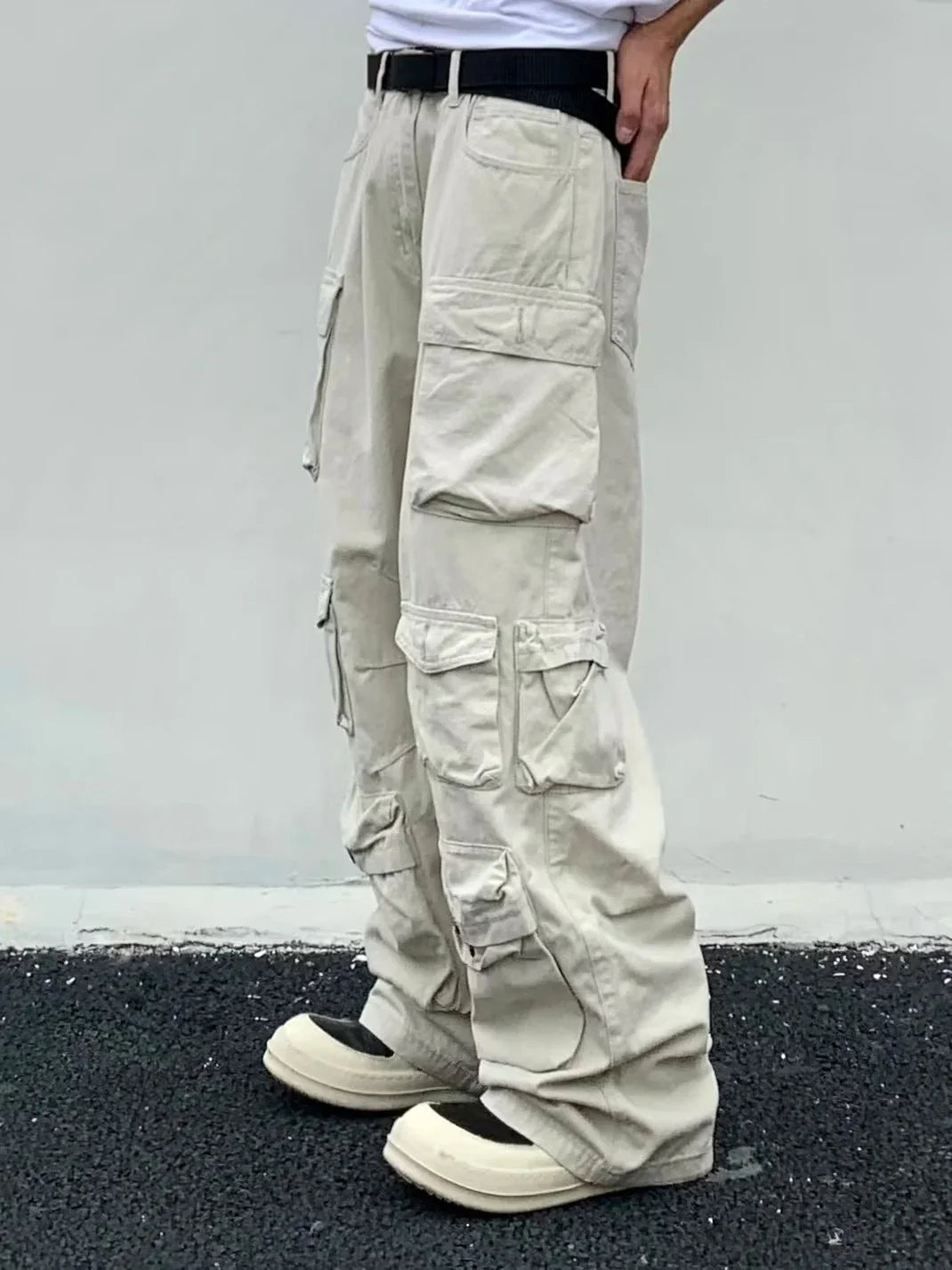 maoxiangshop Spring Cargo pants New Popular Rice White Multi-pockets Overalls Harajuku stays Men Loose Casual Trousers Straight Mopping Pants