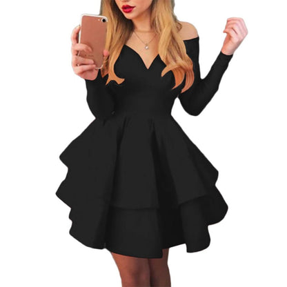 maoxiangshop Elegant Women Long Sleeve V Neck Off Shoulder Large Swing Ruffled Hem Mini Dress