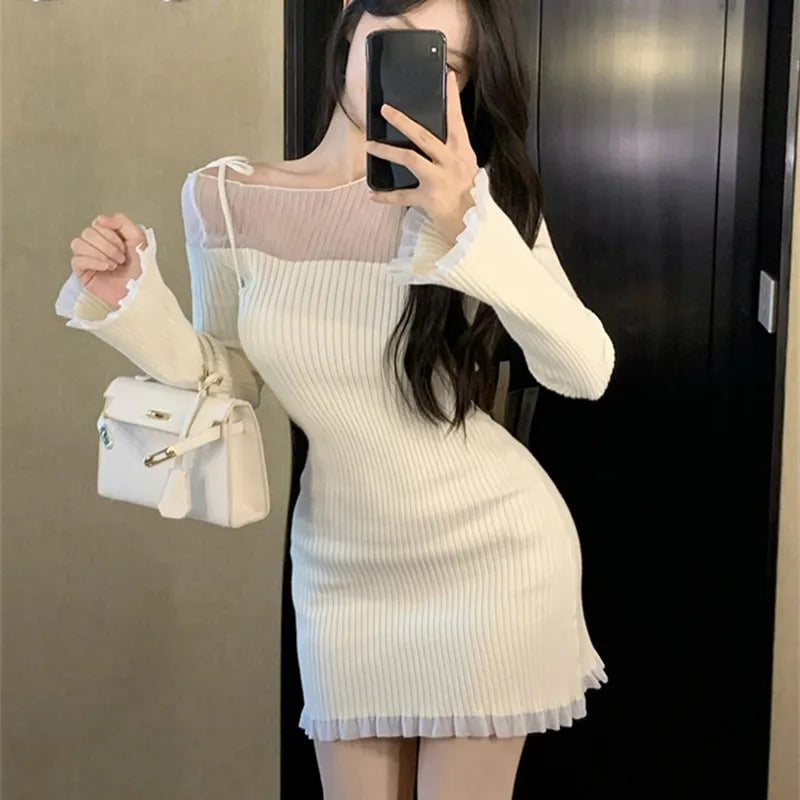 maoxiangshop Sexy Mini Lace Dress Women Off Shoulder Bandage Ladies Dresses Patchwork Mesh Ruffles Slim Stretch Elegant Knit Vestidos