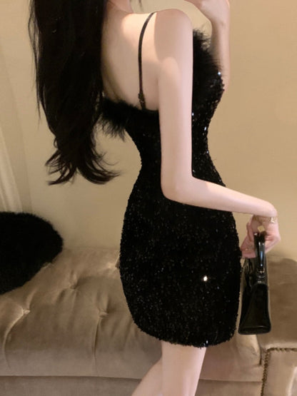 maoxiangshop Temperament Dresses Women Spaghetti Strap  Furry Patchwork V Neck Sexy Elegant Slim Sequins Black Party Dress Ladies