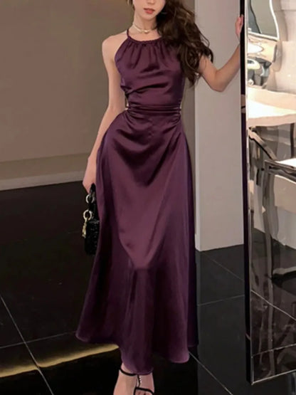 maoxiangshop Vintage Satin Midi Dresses for Women New Summer French Fold Hollow Out Elegant Prom Fashion Slim Casual Female Clothes Robe