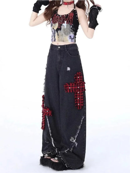 Gothic Vintage Y2k Jeans Baggy Woman Japanese Style Denim Pants Korean Fashion Streetwear Harajuku Punk Gyaru Trousers