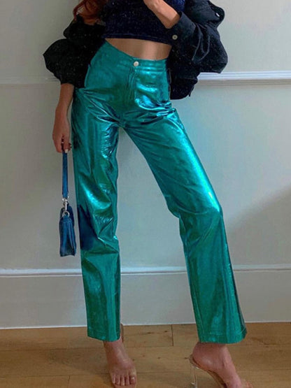 Y2K Shiny Metallic PU Leather Pants for Women Autumn Winter Green High Waist Straight Leg Pants Casual High Street Clubwear