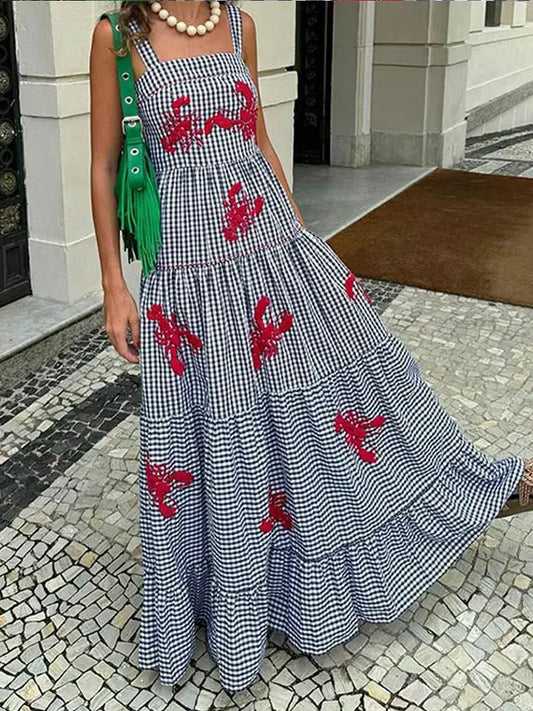 Vintage Embroidery Sleeveless Maxi Dress Women Summer Plaid Print Casual Beach Vacation Party Dresses Fashion Female Vestidos