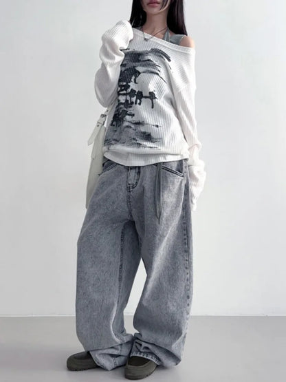 maoxiangshop  -  Autumn Harajuku Women Printing Tees Vintage Streetwear Grunge Skew Collar Tops Y2k Aesthetic Loose Casual Hiphop Vintage Tops